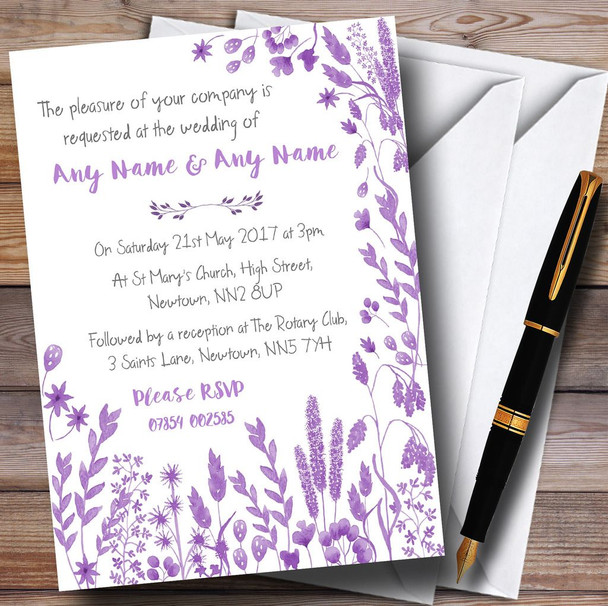 Dusty Purple Autumn Leaves Watercolour Personalised Wedding Invitations