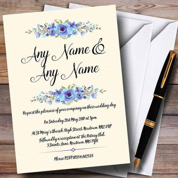 Watercolour Blue Floral Rustic Personalised Wedding Invitations