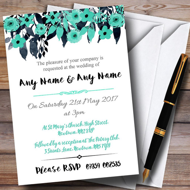 Watercolour Black & Aqua Green Floral Header Personalised Wedding Invitations