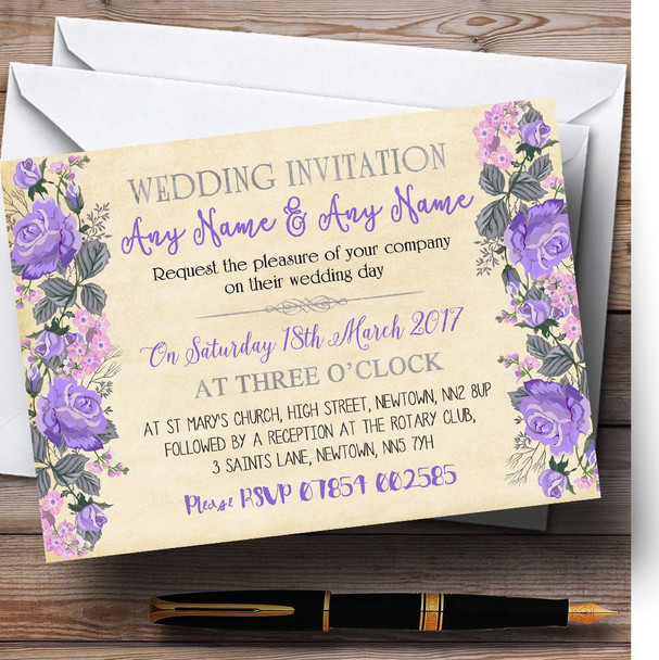Vintage Purple & Pink Watercolour Personalised Wedding Invitations