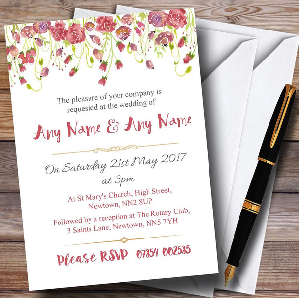 Plum Pink Watercolour Floral Personalised Wedding Invitations