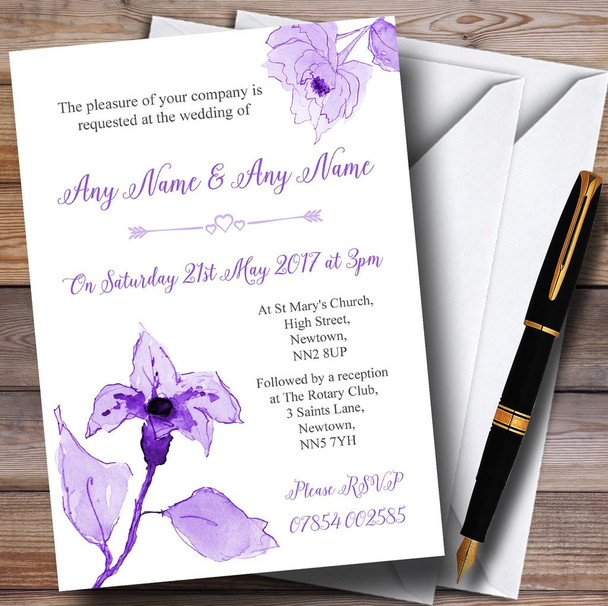 Beautiful Cadbury Purple Watercolour Flowers Personalised Wedding Invitations