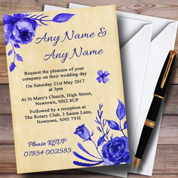 Vintage Blue and White Watercolour Floral Personalised Wedding Invitations