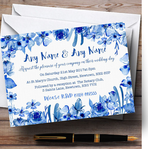 Watercolour Indigo Blue Floral Personalised Wedding Invitations