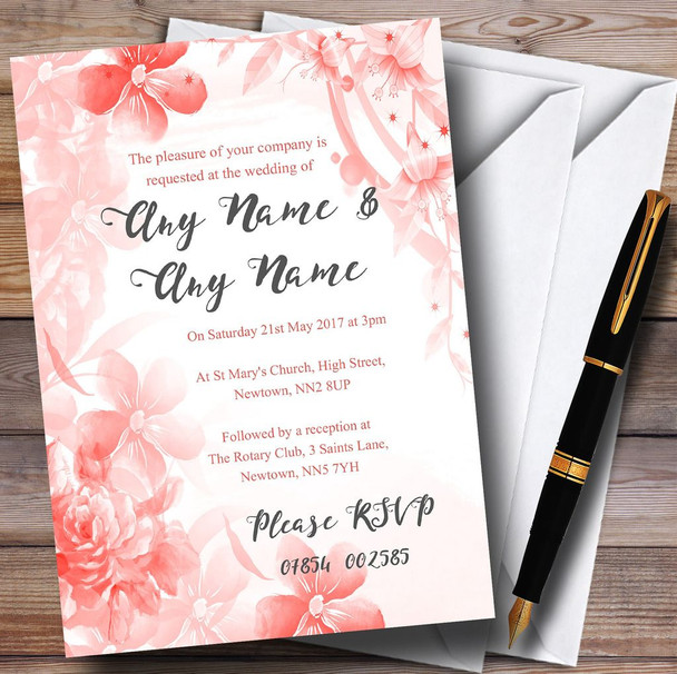 Coral Watercolour Floral Personalised Wedding Invitations