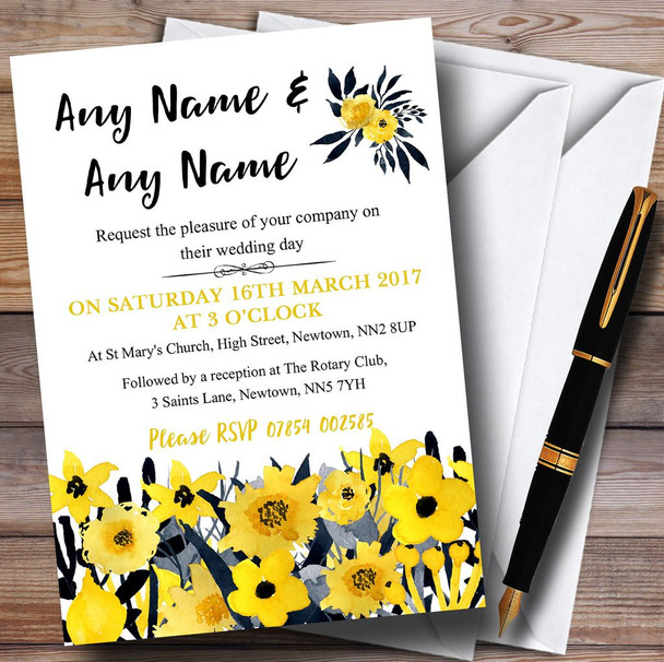 Black & Yellow Watercolour Flowers Personalised Wedding Invitations