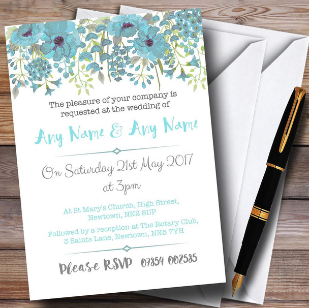 Watercolour Floral Blue Personalised Wedding Invitations