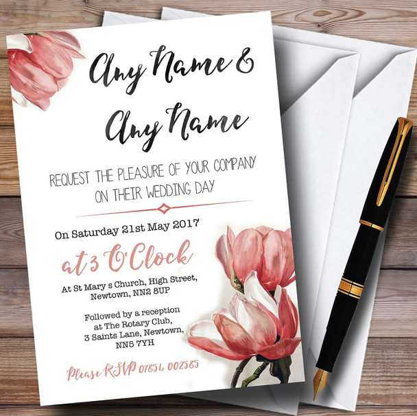 Watercolour Coral Magnolias Personalised Wedding Invitations