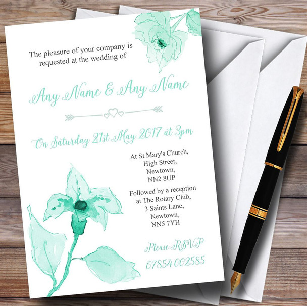 Beautiful Aqua Mint Green Watercolour Flowers Personalised Wedding Invitations