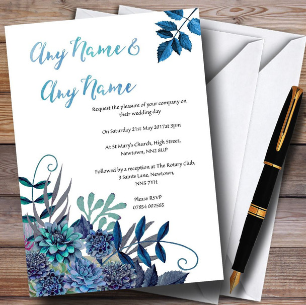 Aqua Green & Blue Watercolour Florals Personalised Wedding Invitations