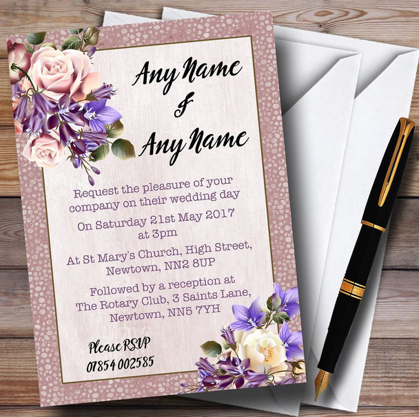 Pale Coral Pink & Lilac Watercolour Rose Personalised Wedding Invitations