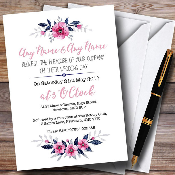 Navy Blue & Pink Subtle Floral Personalised Wedding Invitations