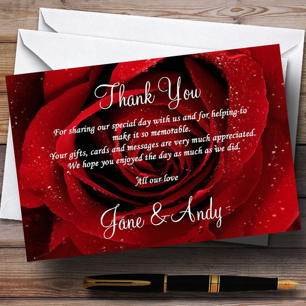 Deep Red Wet Rose Personalised Wedding Thank You Cards