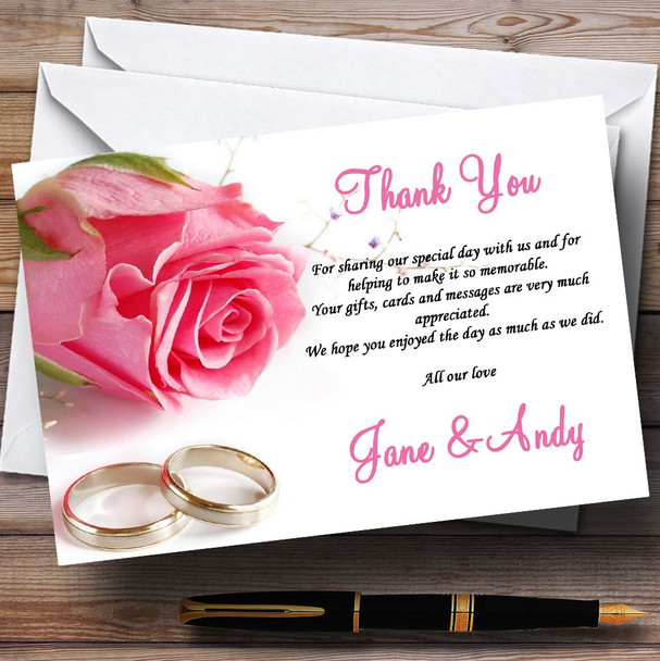 Gorgeous Pink Rose And Rings Personalised Wedding Thank You Cards