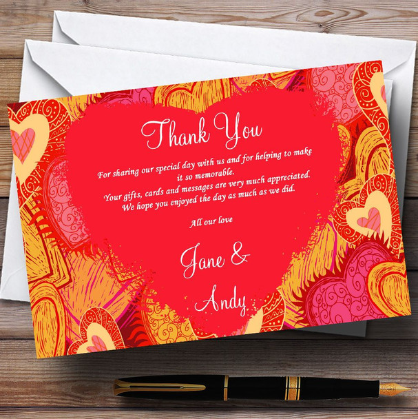 Orange Red And Pink Hearts Personalised Wedding Thank You Cards