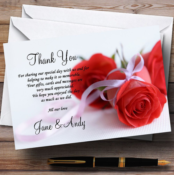 Red Rose & White Ribbon Personalised Wedding Thank You Cards