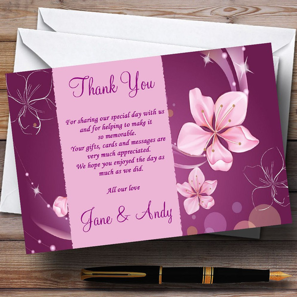 Purple Pink Flowers Personalised Wedding Thank You Cards