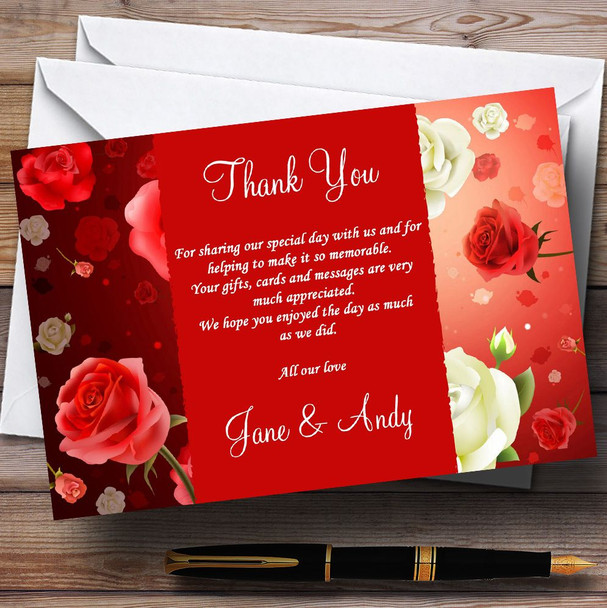 Red And White Roses Personalised Wedding Thank You Cards