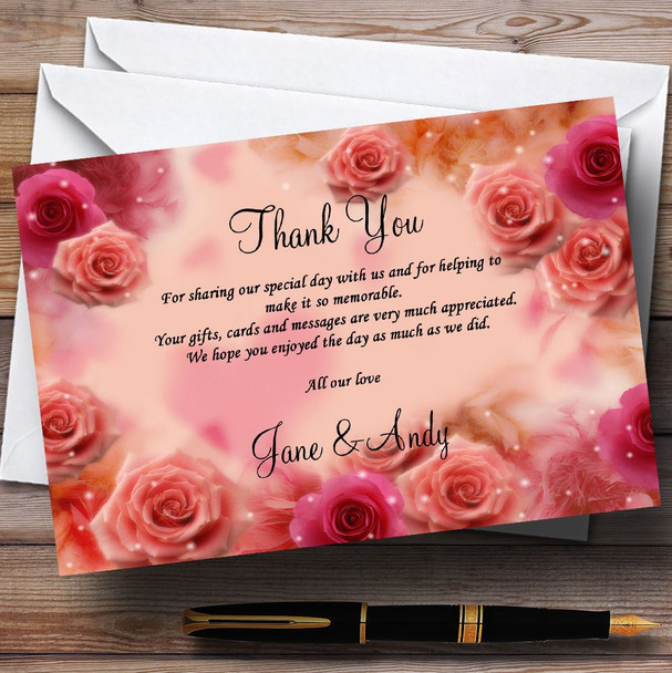 Peach And Pink Flowers Stunning  Personalised Wedding Thank You Cards