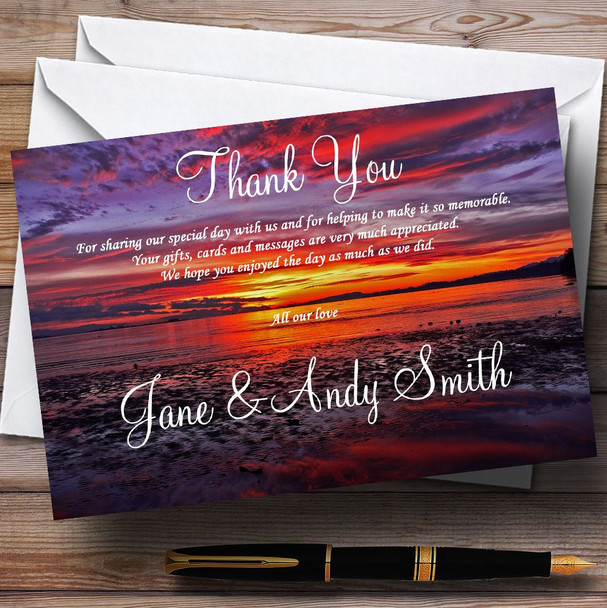 Beautiful Purple Sunset Beach Personalised Wedding Thank You Cards