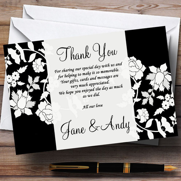 Black And White Floral Flower Personalised Wedding Thank You Cards