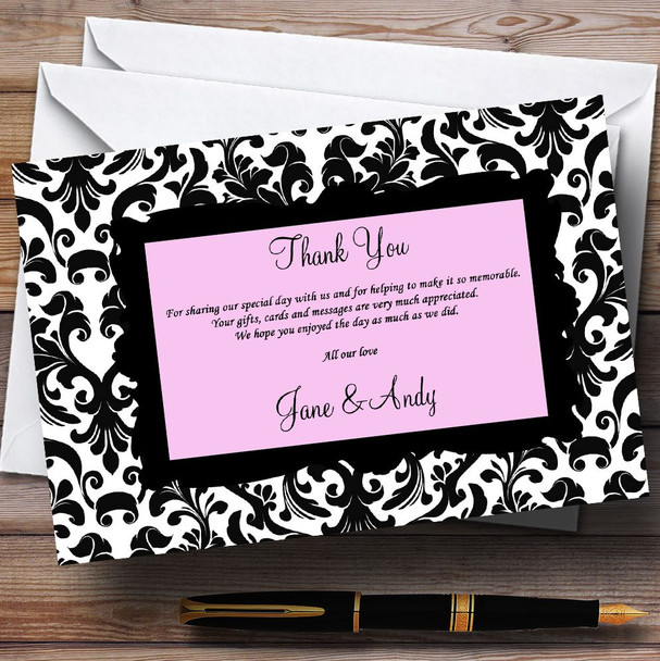 Black & Pink Damask Personalised Wedding Thank You Cards