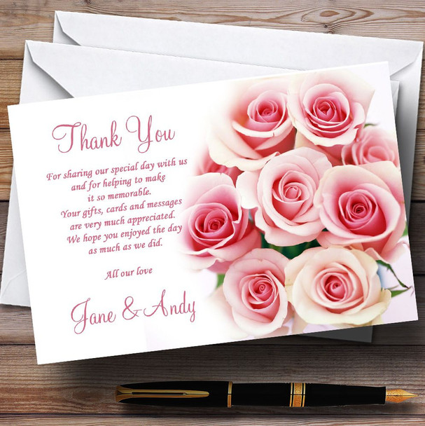 Soft Pastel Pink Gentle Roses Personalised Wedding Thank You Cards