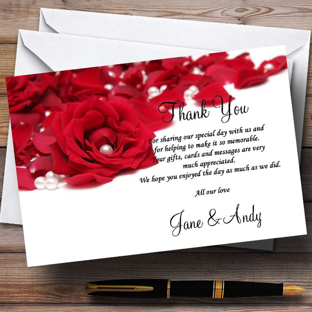 White Pearl Red Rose Petals Personalised Wedding Thank You Cards