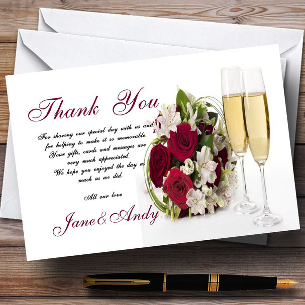 Red Roses Champagne Personalised Wedding Thank You Cards
