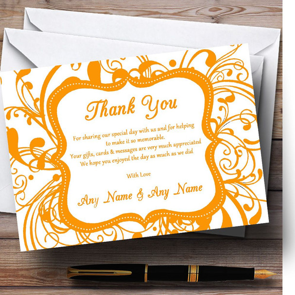 White & Orange Swirl Deco Personalised Wedding Thank You Cards