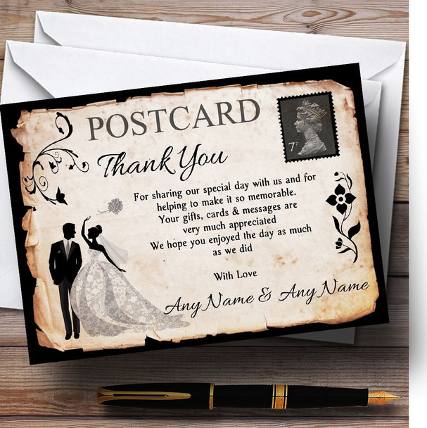 Black White Vintage Rustic Postcard Personalised Wedding Thank You Cards