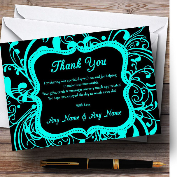 Black & Aqua Swirl Deco Personalised Wedding Thank You Cards