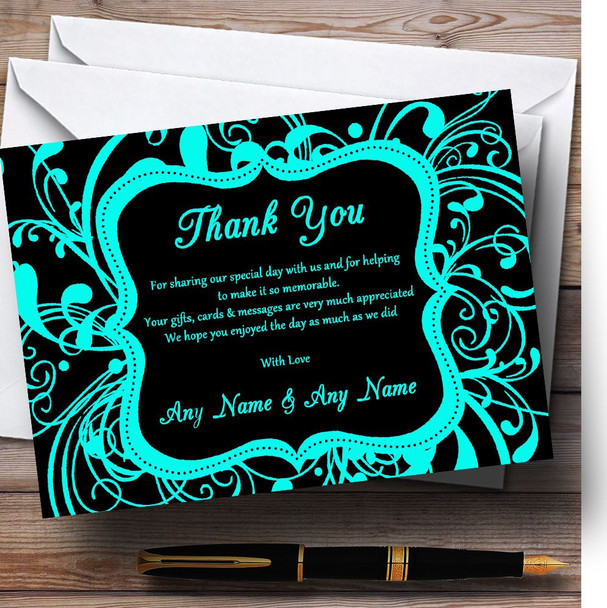Black and Aqua Swirl Deco Personalised Wedding Thank You Cards