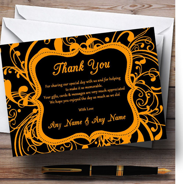 Black and Orange Swirl Deco Personalised Wedding Thank You Cards