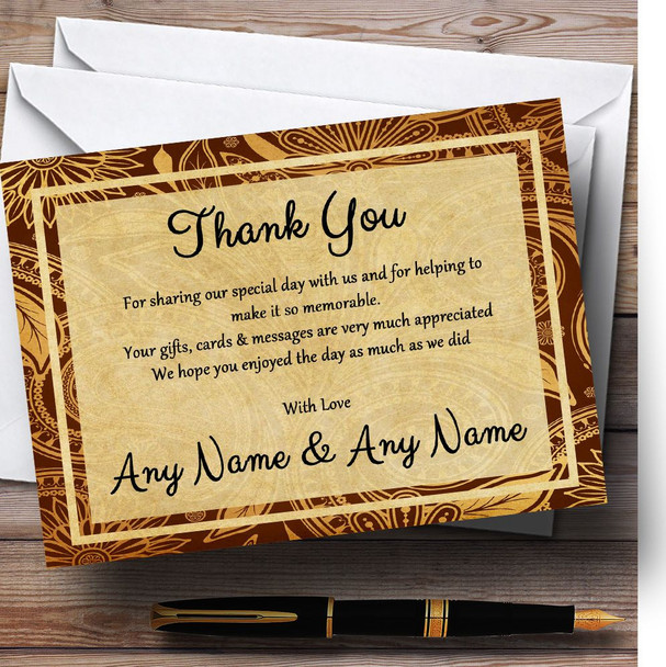 Vintage Brown Gold  Postcard Style Personalised Wedding Thank You Cards