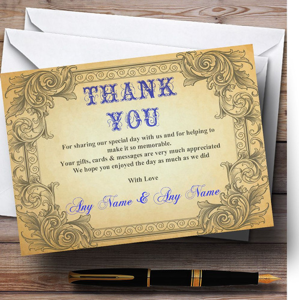 Typography Vintage Blue Postcard Personalised Wedding Thank You Cards