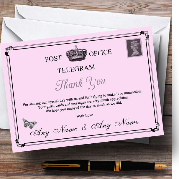 Vintage Telegram Elegant Pink Personalised Wedding Thank You Cards