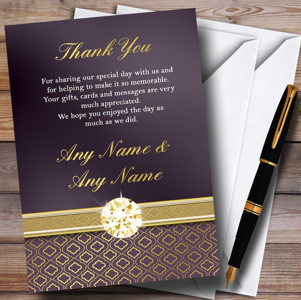 Purple Satin And Gold Personalised Wedding Thank You Cards