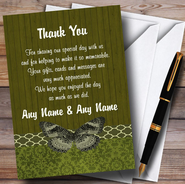 Rustic Vintage Wood Butterfly Olive Green Personalised Wedding Thank You Cards