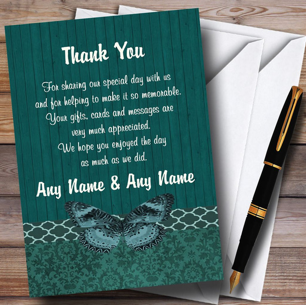 Rustic Vintage Wood Butterfly Turquoise Teal Personalised Wedding Thank You Cards