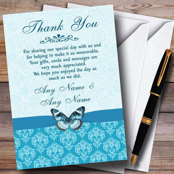 Tiffany Blue Turquoise Vintage Floral Damask Butterfly Personalised Wedding Thank You Cards