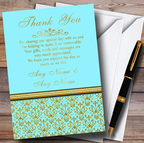 Aqua Sky Blue & Gold Vintage Damask Personalised Wedding Thank You Cards