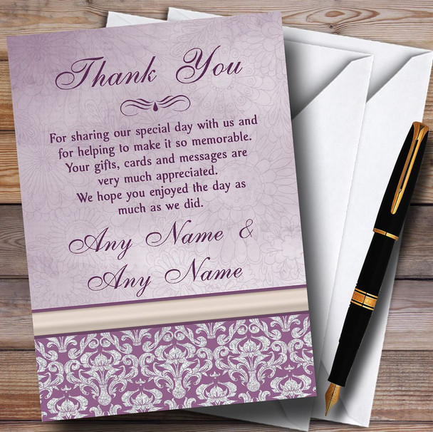 Lavender Lilac Vintage Damask Pretty Personalised Wedding Thank You Cards