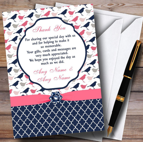 Navy Blue & Coral Pink Shabby Chic Birds Personalised Wedding Thank You Cards