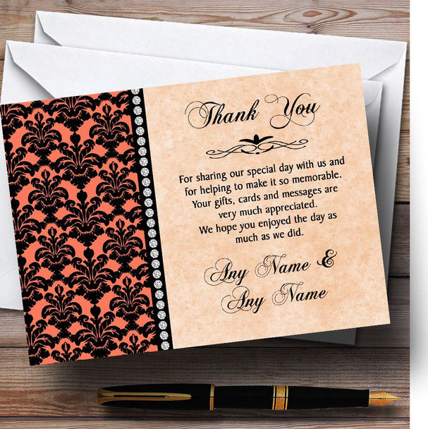 Coral Black Damask & Diamond Personalised Wedding Thank You Cards