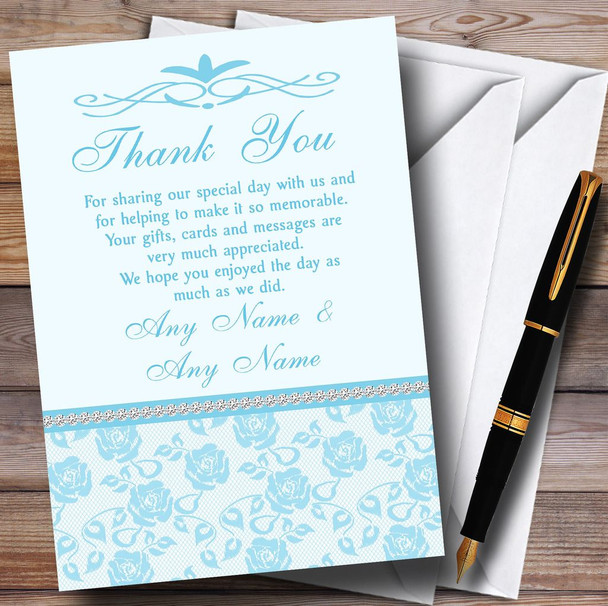 Pretty Sky Blue Floral Diamante Personalised Wedding Thank You Cards