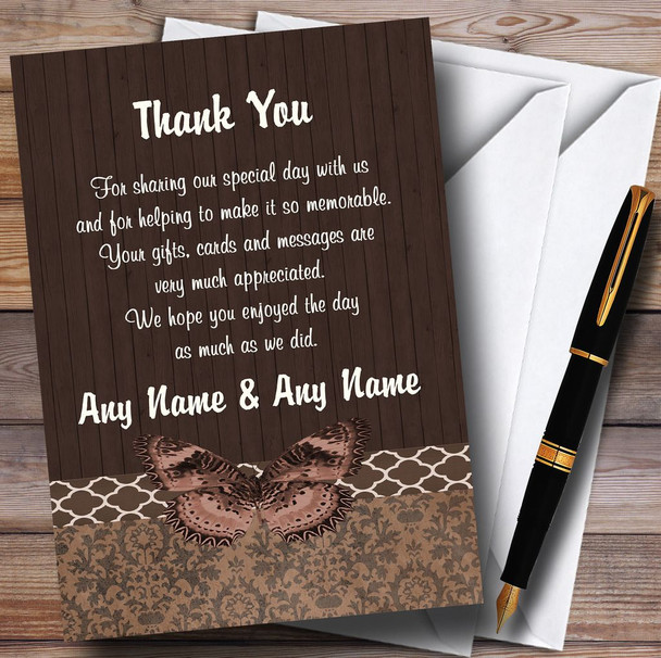 Rustic Vintage Wood Butterfly Brown Personalised Wedding Thank You Cards