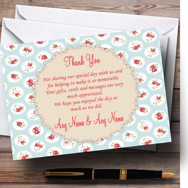 Light Blue And Red Roses Shabby Chic Chintz Personalised Wedding Thank You Cards