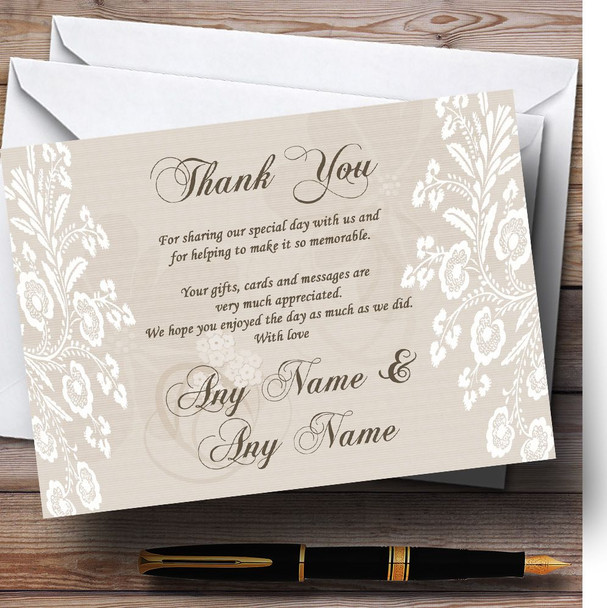Vintage Lace Beige Chic Personalised Wedding Thank You Cards