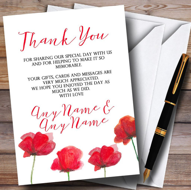 Stunning Watercolour Poppies Red Personalised Wedding Thank You Cards